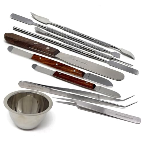 10 Pcs Multipurpose Lab Spatulas Kit Stainless Steel Micro Sampling Scoop Measuring Spoons with Fahenstock, Tweezers, Forceps & Mixing Cup for Scientific Laboratory Experiment Labware Supplies