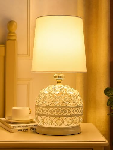 Image of Modern Small Crystal Table Lamp | Contemporary Bedroom Bedside Nightstand Lamp | Minimalist Desk Globe Lamp for Living Room Girls Kids Room White Fabric Shade | White