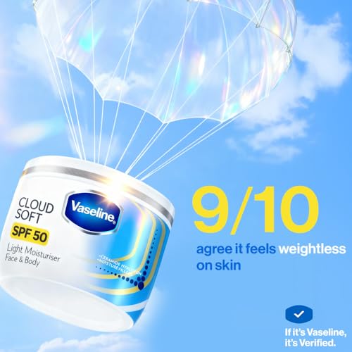 Image of VASELINE Cloud Soft SPF 50 PA ++++ Light Moisturiser, 200 ml, for Soft and Bouncy Skin, with Ceramides & Hyaluron Moisture Fillers, Non-Sticky and Lightweight, Broad Spectrum Protection
