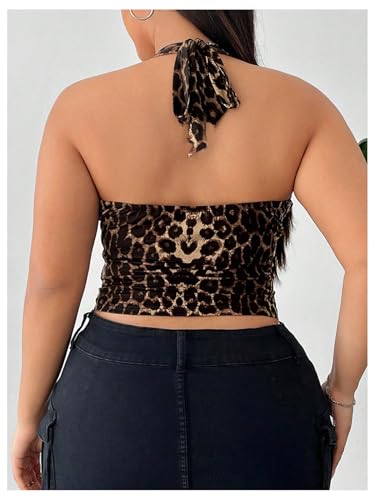 WDIRARA Women's Plus Size Leopard Print Ruched Halter Crop Tops Cowl Neck Tie Back Sleeveless Cami Tops2