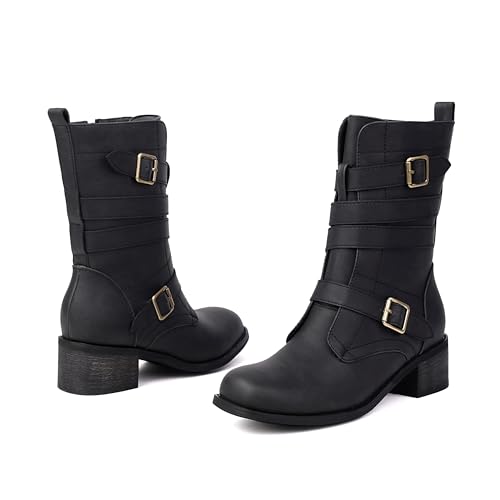 Women's Belt Buckle Mid Calf Boot,Retro Square Toe Chunky Heel Ankle High Shaft Boots,Women's Motorcycle Boots with Side Zipper Buckle Wrap Up Riding Boots.2