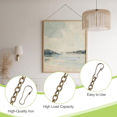 Image of Picture Hanging Kit with 4Pcs 1M Picture Hanging Chains & 12Pcs Hooks, Heavy Duty Metal Display Chain for Photo Frames Artworks Mirror(Bronze)