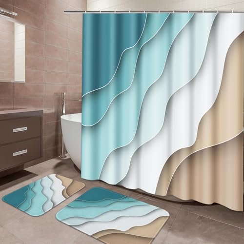 ArtSocket Bathroom Set of 3, Shower Curtain and Bath Rugs Beach Abstract