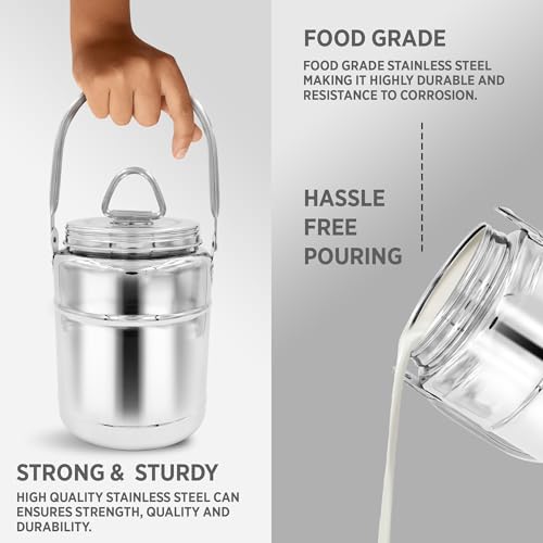 Image of Dhara Stainless Steel 1100 ml Dolchi Oil & Milk Container with Lid, Jointless One Piece Storage Pot with Screw Lid and Handle