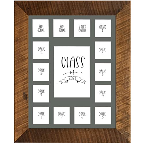 Image of Rustic Red Door Co. School Years Reclaimed Wood Picture Frame with Mat - 11x14 Wooden Framed 15 Photo Collage Mat Pre-School & Kindergarten to 12th Grade (Class of 2021, Grey)