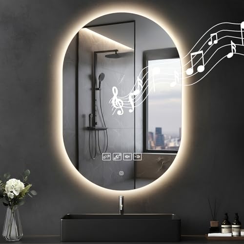 Hondony Espejo Baño Ovalado con Luz 75x50cm, Espejo Baño LED Bluetooth, Antivaho, Regulable, 3 Colores Luz, Función Memoria, Musical Espejo-LED, Horizontal/Vertical, Pintura Negro