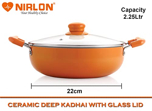 NIRLON Ceramic Non Stick Induction Aluminium Kadhai with Glass Lid, 2.25 litres, Orange - Image 3