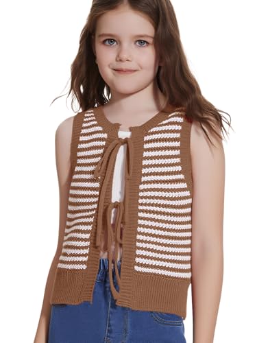 Girls Sweater Vest Kids Casual Sleeveless Crochet Tops Color Block Tie Back Knit Tank Tops