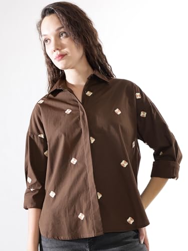 Image of High Star Women Embroidered Oversized Spread Collar Long Sleeves Cotton Shirts