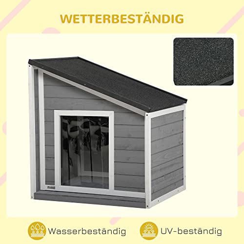 PawHut Hundehütte Outdoor aus Holz, Hundehaus mit zu öffnendem Asphaltdach und Türvorhang, Wetterbeständig Kleintierhaus für kleine Hunde, draußen, Grau, 71 x 58 x 53/77 cm