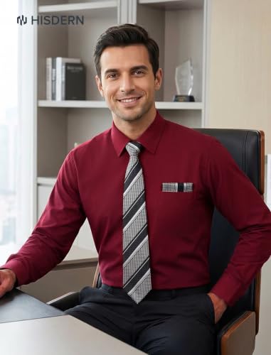 Image of HISDERN Mens Dress Shirt with Tie Pocket Square Set Classic Button Down Shirt Matching Tie Long Sleeve Shirts