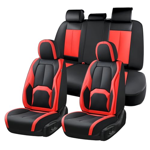 Image of Coverado Leather Seat Covers Full Set, Black and Red Leather Car Seat Cover, Waterproof Car Seat Protector with Lumbar Support, Automotive Seat Covers Universal Fit for Most Cars SUV Truck