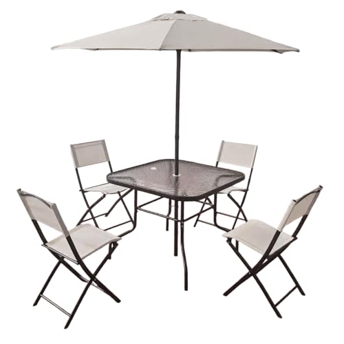 La mejor comparación de Juegos de mesa y sillas los mejores 5. 47 Kingshouse | Juego Set De 6 Piezas Jardín - 4 Sillas Plegables Tela Textilene, Mesa y Sombrilla