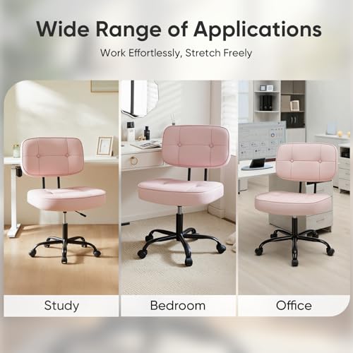 Image of DUMOS Home Office Desk Chair - Ergonomic Armless PU Leather Computer Rolling Task Chair,with Comfy Lumbar Support and Height Adjustable, Vanity, Bedroom, Living Room, Pink