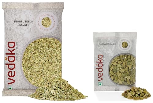 Image of Amazon Brand - Vedaka Cardamom (Elaichi), Small, 50g & Amazon Brand - Vedaka Fennel Seeds (Saunf), 200g