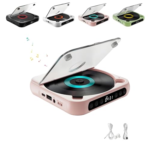 Portable Bluetooth-Compatible CD Player, Home Rechargeable Compact CD Player Built-in HiFi Speakers with LCD Screen Display(Pink)