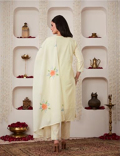 Image of Amazon Brand - Myx Women Embroidered Cotton Kurta Pant Set with Dupatta (Available in Plus Sizes)