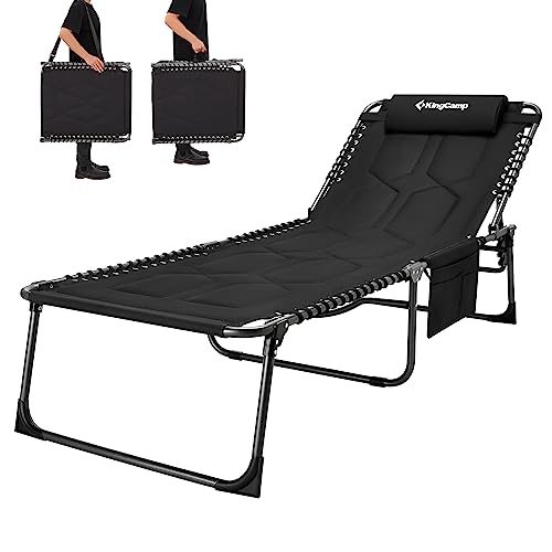 KingCamp Oversized Padded Folding Lounge Chair for Outdoor Patio Beach Lawn Pool Sunbathing Tanning, 5-Position Heavy Duty Portable Padded Camping Cot with Pillow, Support 300LBS