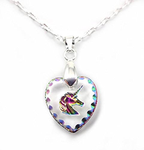 Rainbow Crystal Unicorn Heart Engraved Glass Pendant Necklace 18 inch Silver Chain, Adult Women's Jewelry