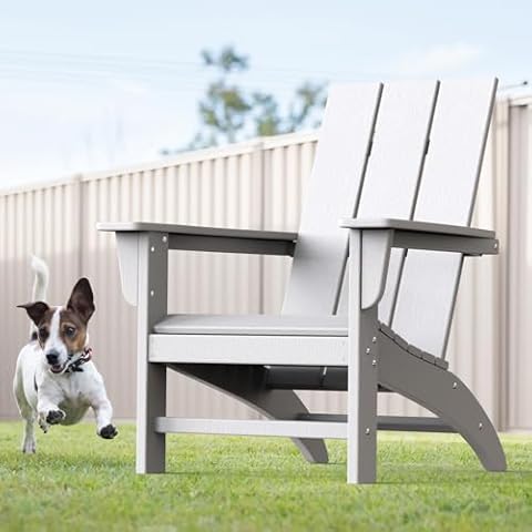 Modern Adirondack Chair Wood Texture, Poly Lumber Patio Chairs, Pre-Assembled Weather Resistant Outdoor Chairs for Pool, Deck, Backyard, Garden, Fire Pit Seating, White Cover