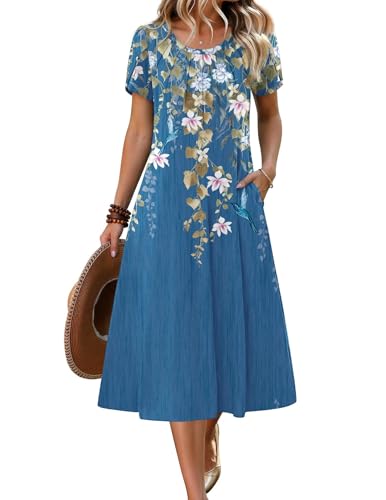 Zeagoo Womens Casual Summer Dresses Floral Midi Dress for Women Boho Sundress 2026 Fit and Flare Dress with Pockets, Blue Printed 02 S