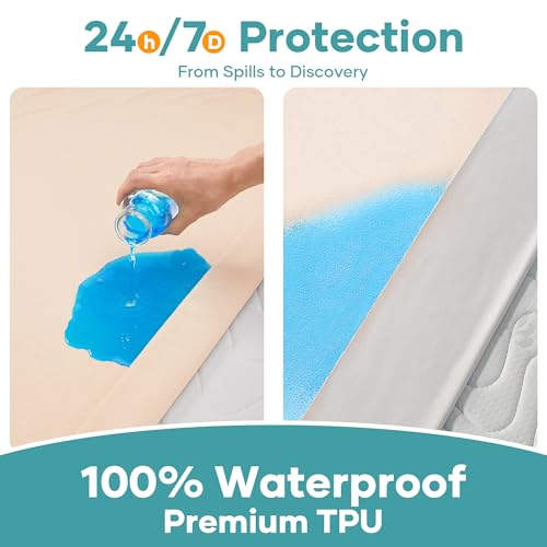 Image of OhGeni Waterproof Mattress Protector, Queen Size Mattress Pad Fitted with Deep Pocket 6 inch-18 inch, Breathable Noiseless Soft, Washable DirtProof Mattress Cover, Beige, More Than 99 pcs fibers, Daybed Cover