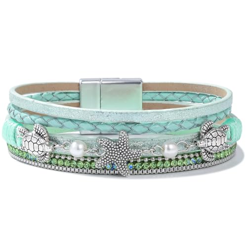 FANCY SHINY Turtle Starfish Leather Wrap Bracelet Boho Rhinestone Pearl Cuff Bracelet with Magnetic Clasp for Women