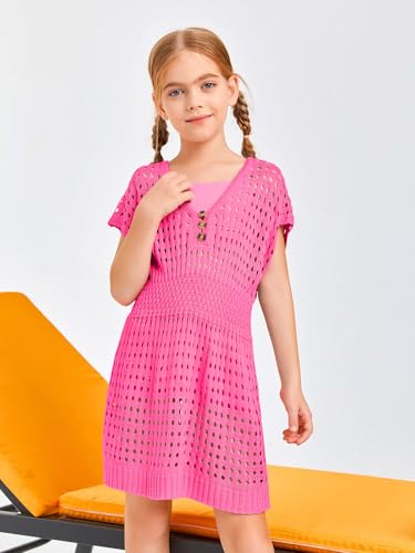 Image of Haloumoning Girls Crochet Swim Beach Cover Up Kids Fashion Button Short Sleeve Swimsuits Cover Ups 5-14 Years