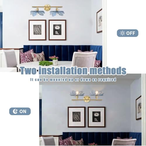 Image of 2 Light Bathroom Vanity Light Gold Brass Wall Sconce with Blue Flower Glass Shade Mid Century Wall Light Vintage Wall Sconce Art Deco Bathroom Lights Over Mirror for Bedroom Hallway Living Room