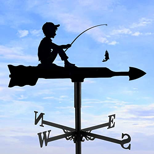 Ydhnb Boy Fishing Weathervane Wrought Iron Weather Vane Roof Decoration Wind Direction Indicator Kit With Anti-Rust Coating For Outdoor Garden Lawn Wind Vane Metal Bracket #TOP1