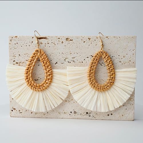 Statement Raffia Tassel Earrings Boho Summer Beach Earrings Lightweight Straw Wicker Dangle Drop Earrings Trendy Rattan Fringe Jewelry for Women3