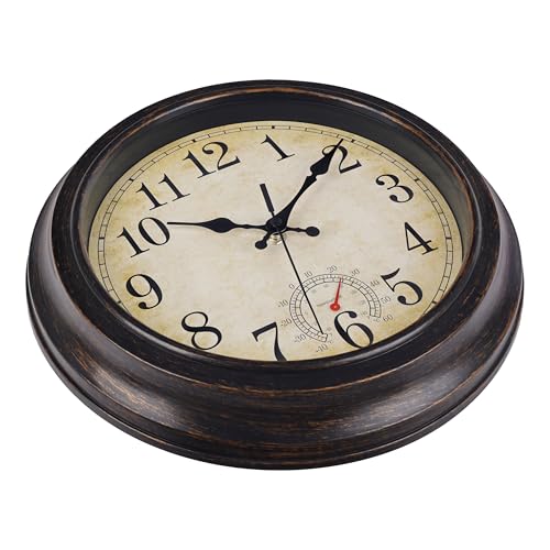 jomparis 30CM Outdoor Wanduhr mit Thermometer Außen wanduhr Wasserdicht und Wetterfest für Garten Terrasse Pool Patio(Bronze)