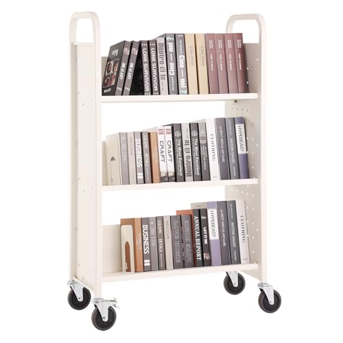 VEVOR Carrito de libros, carrito de biblioteca de 330 libras, carrito de libros rodantes de 31.1 x 15.2 x 49.2 pulgadas, estantes inclinados en forma de V de una sola cara con ruedas bloqueables de 4