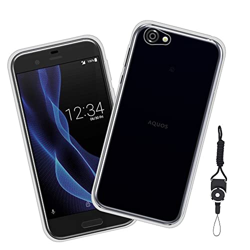AQUOS R SH-03J 用のケース カバー クリア 全透明 対応 TPU 耐衝撃 指紋防止 薄型 軽量 黄変防止 ストラップホール付属 ネックストラップ付 Qi充電対応 AQUOS R
