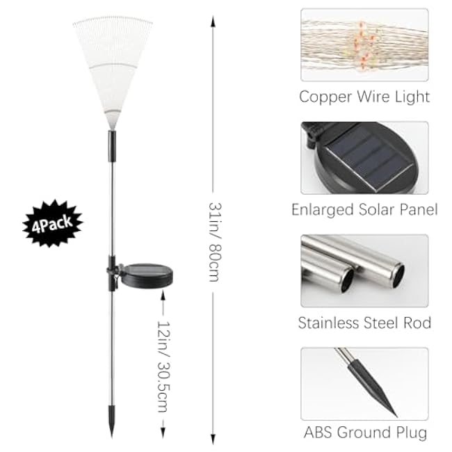 Firework Solar Garden Lights 4 Pack, 120 LED Solar Firework Lights with 8 Lighting Modes, Waterproof Sparkler Starburst Solar Lights Outdoor for Yard Porch Patio Backyard, Warm