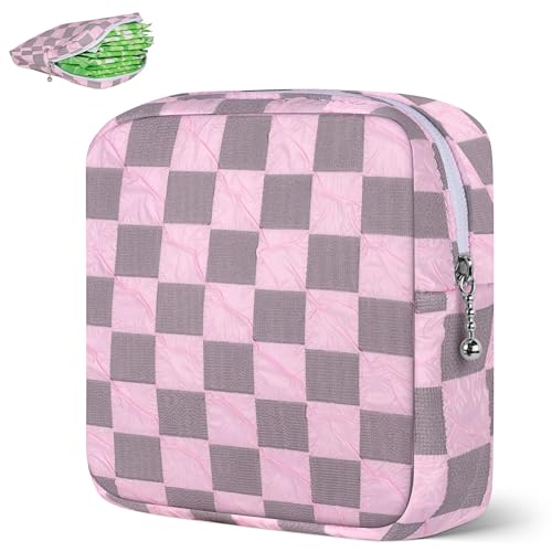 Image of Sanitary Napkin Storage Bag Polyester Fabric Period Bag for Teen Girls Sanitary Pad Pouch for Sanitary Napkins /Tampons /Panty Liners Privacy Protector Pad Bag (Bubble-Check, Pink)