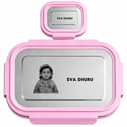 Image of Customised Lunch Box with Name and Photo for Kids - Photo & Name Permanently Printed - Ideal for School, Students, Children - Stainless Steel and Safe Food Container - Pink Color
