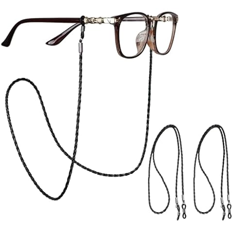 Jawfait 3Pcs Black Leather Eyeglass Chain, Cross Braided Classic Eye Glasses Holders, Durable Anti-Slip Eyeglasses Strap, Around Neck Lanyard Suitable for Masks Face Shields Glasses Sunglasses(28in) Cover