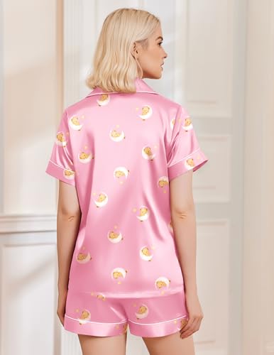 Image of Ekouaer Silk Pajamas for Women Funny Teddy Sleepwear Comfy Short Sleeve Button Down Loungewear Satin Pjs Shorts Set,Pink,XXL