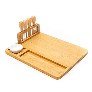 EZ Life Strong Bamboo Wood Cheese Serving Vertex Platter with 4 Cheese Tools with Wooden Handle - Brown - Dinnerware - Home and Kitchen Serveware - Table Decor - Decorative Items