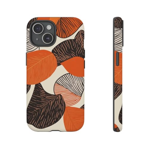 Coque iPhone 15 orange rigide mate avec motif abstrait feuilles d'automne chic