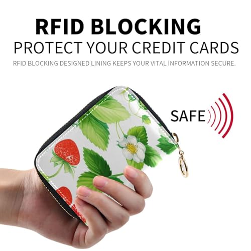 Small RFID Credit Card Holder Wallet with Zipper, Leather Wallet Case for Women Watercolor Strawberries2
