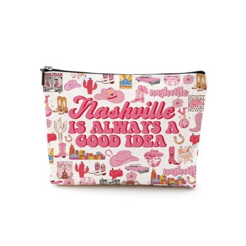 DJHUNG Nashville Travel Gift Cosmetic Bag Nashville Lover Gifts Makeup Bag Country Music Themed Gifts for Traveller Women Friends Sister Birthday Christmas Bachelorette Party Favors Girls Trip Gifts