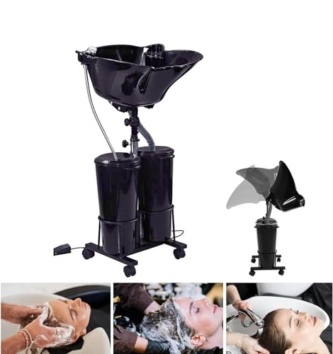 Lavabo Portátil/Lavabo de Acero con Altura Regulable - Ducha y Desagüe Lavacabezas Portátil para Peluquería con Ángulo y Altura Regulable, w/ 2 tanques de agua para autosavándose, salón belleza spa