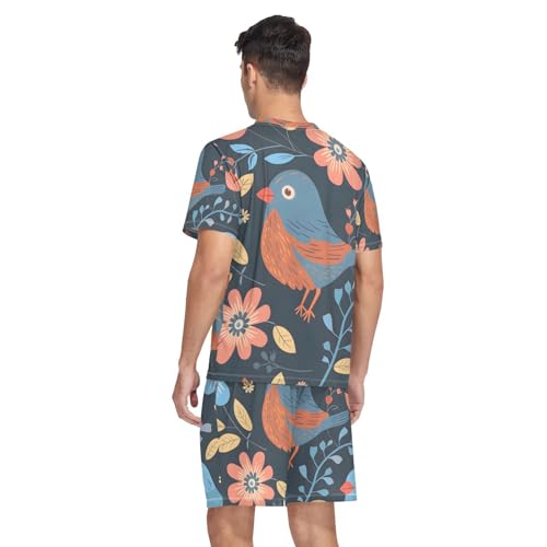 Men's Pajama Set Birds Flowers Print Short Sleeve with Shorts Pockets Sleepwear Set Summer Loungewear2