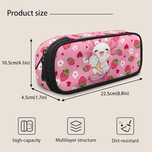 Image of Cute Strawberry Axolotl Pencil Case for Girls Pen Pouch Kids Pencil Pouch Pen Holder Box Stationery Organzier Teacher Student Preppy School Supplies Gifts