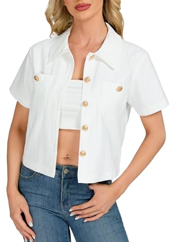 LifeShe Cropped Jean Jacket for Women Colored Short Sleeve Denim Jackets Summer Light Trucker Coat