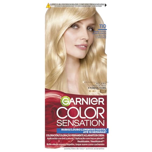 GARNIER - Pack 4 Color Sensation Tinte Permanente 110 Rubio Extra Claro, Color Intenso y Brillo Espejo, Cobertura 100% de Canas con Aceites Florales