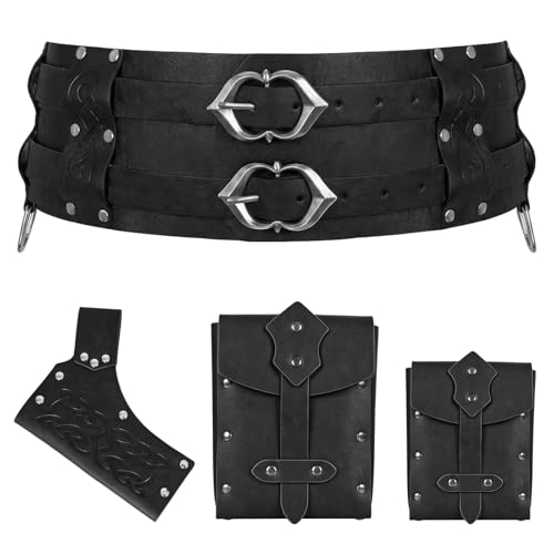 Renaissance Wide Belt Set - Medieval Accessories with Viking Sword Frog for LARP & Halloween (Black-A)
