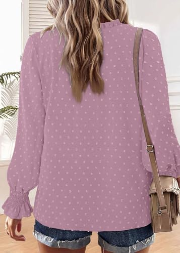 BETTE BOUTIK Women Boho Long Sleeve Shirts Dressy Casual V Neck Fall Fashion Tops Swiss Dot Flowy Blouses